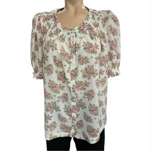 Rose & Olive Floral Blouse - Pink and White Size M
